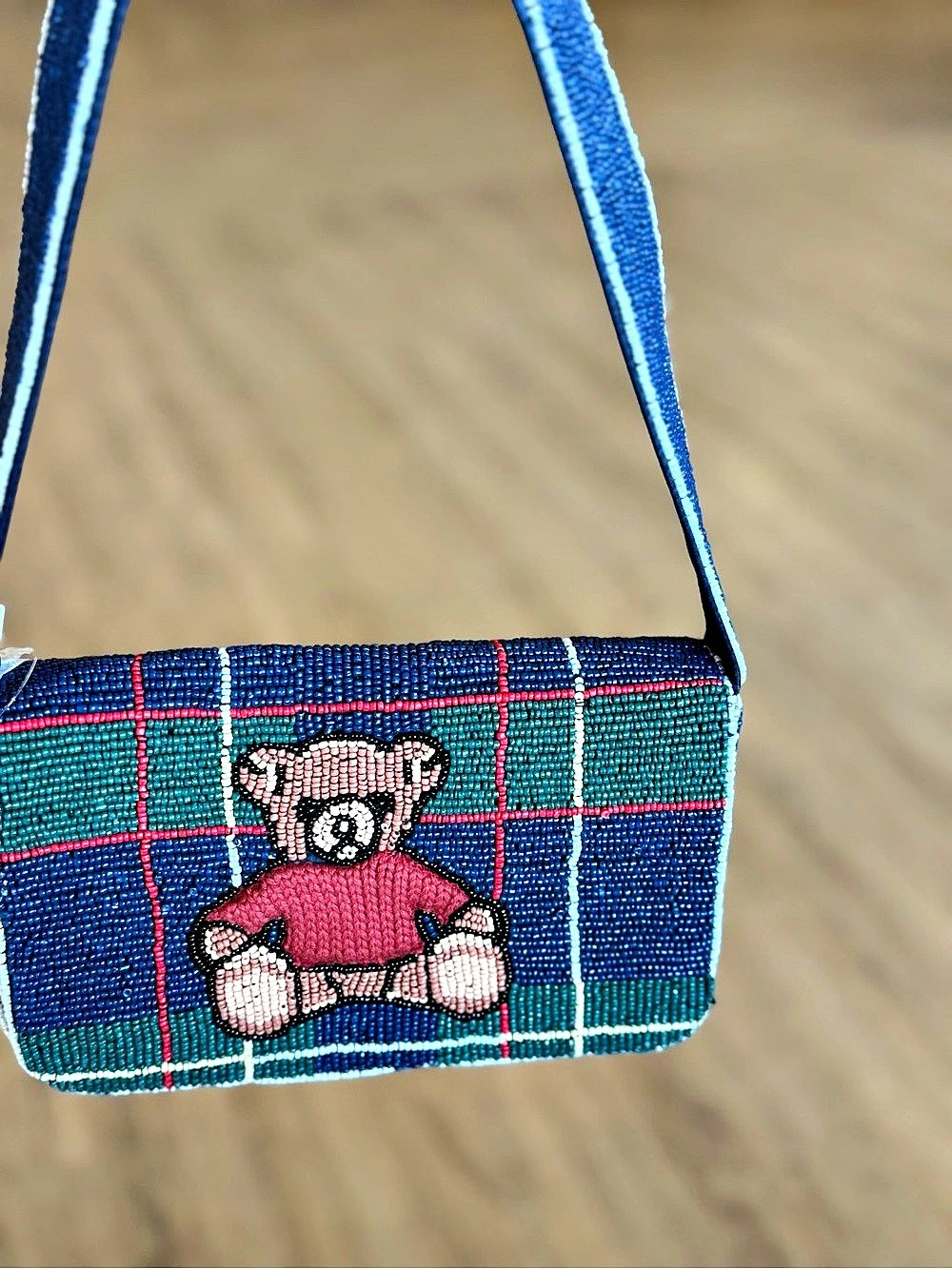 From India to You Plaid Teddy Bear Beaded Crossbody Bag Blue & Green NWT